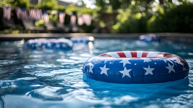 A pool with an inflatable ring in the shape of stars and stripes, with a blurred background featuring flags and decorations for a summer party on July 4th