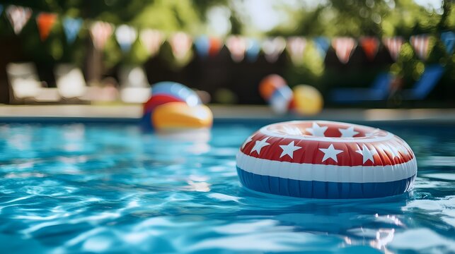 A pool with an inflatable ring in the shape of stars and stripes, with a blurred background featuring flags and decorations for a summer party on July 4th - Powered by Adobe