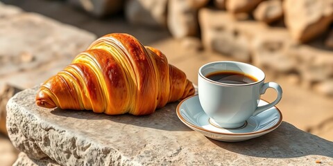 Warm croissant and coffee on rustic stone, morning light, croissant, drink