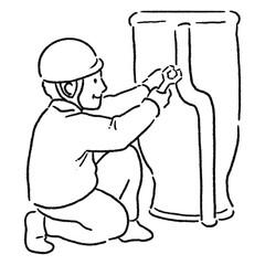 水回りの工事をする作業員_線画