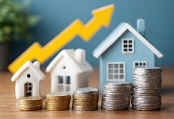 A graph going upwards with coins and a white house model on a blue background