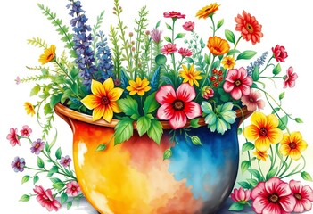 Whimsical watercolor painting of colorful pot overflowing with vibrant herbs and flowers,  background,  card