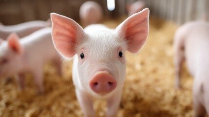Fototapeta premium A cute pink piglet stands out among its friends in a cozy farm setting. The warm colors and soft focus create a charming and inviting atmosphere. Perfect for animal lovers. AI