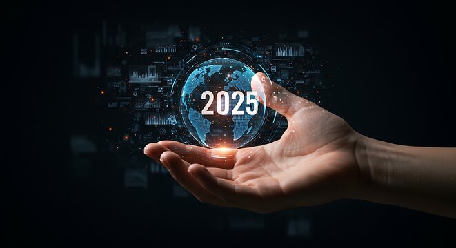 Futuristic digital interface with holographic globe and 2025 technology concept in hand