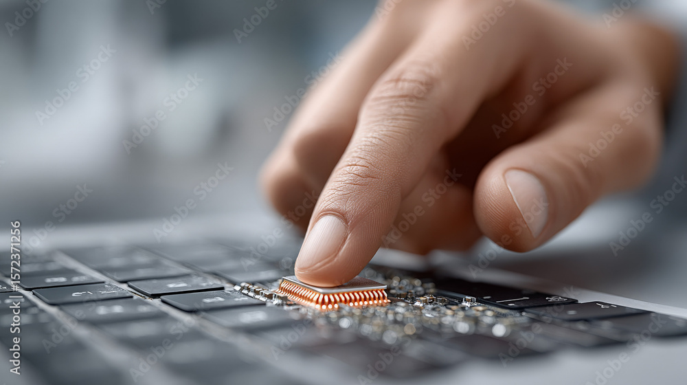 Poster close-up of hand pressing on a microchip embedded in a laptop keyboard, symbolizing technology and i