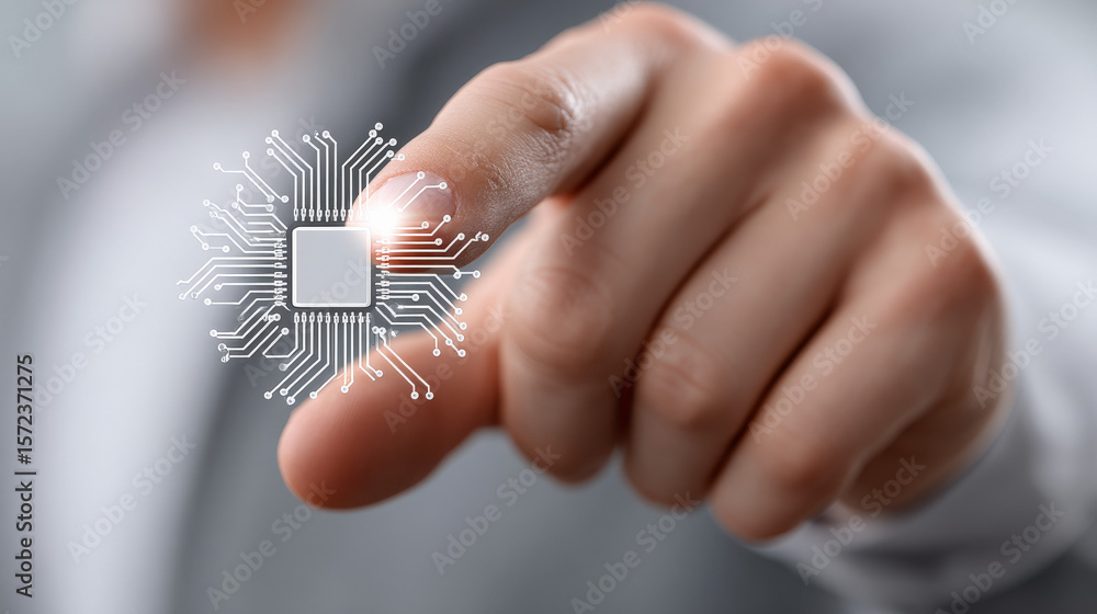 Poster close-up of a hand interacting with a digital circuit chip illustrating technology and innovation in