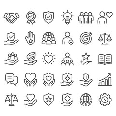Core Values Line Icon Set – Unique Black and White Icons Representing Integrity, Teamwork, Innovation, Leadership, and More for Branding, Presentations, and Corporate Design