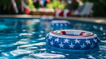 A pool with an inflatable ring in the shape of stars and stripes, with a blurred background featuring flags and decorations for a summer party on July 4th