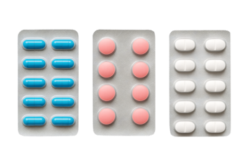 A Close-Up Display of Generic Blue Capsules, Pink Tablets, and White Pills in Standard Blister Packs for Medical Concepts