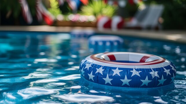 A pool with an inflatable ring in the shape of stars and stripes, with a blurred background featuring flags and decorations for a summer party on July 4th