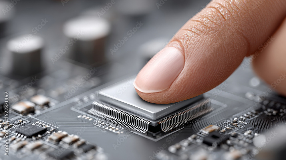 Poster close-up of a finger pressing a microchip on a circuit board for technology and innovation concepts