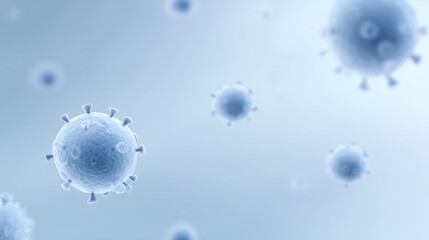 Microscopic view of virus particles floating in a soft blue background, showcasing intricate details and textures of viral structures in a scientific context