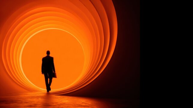 The powerful outline of a leader emerges from an enchanting orange light creating an abstract circle of inspiration. This scene evokes themes of guidance and progressive vision in business