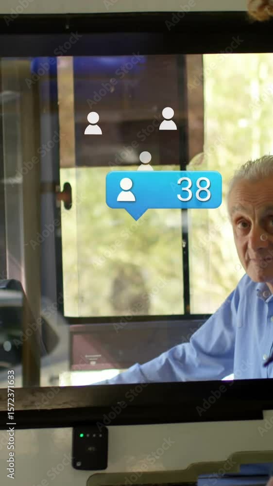 Poster speech bubble with profile icon with increasing numbers against caucasian boy walking in the bus