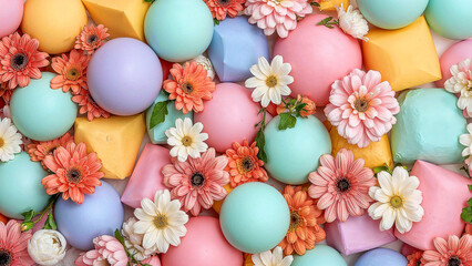 Obraz premium Vibrant pastel shapes and blossoms in harmony