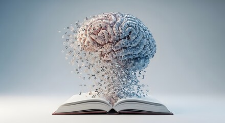 Conceptual 3D render of a brain formed by letters exploding from an open book, symbolizing knowledge, learning, education, creativity, ideas, and imagination.