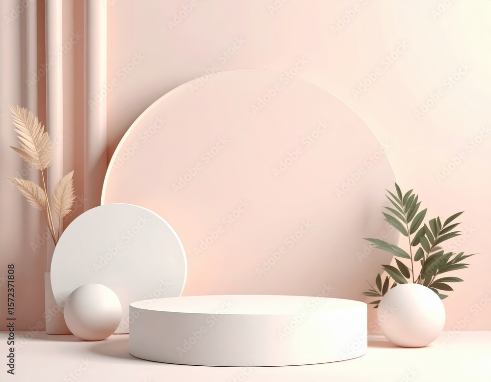 Aufkleber minimalist display with circular shapes and greenery studio setting photography soft lighting artist