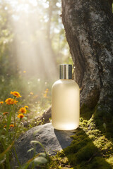 A glowing, natural product bottle with a textured cap sits on a mossy rock in a sun-dappled forest, embodying organic elegance and serene beauty