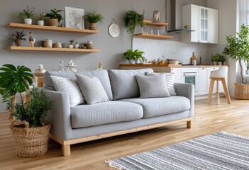A bright and airy Scandinavian-style living room with light gray sofas, white walls, wooden bookshelves, soft carpet flooring