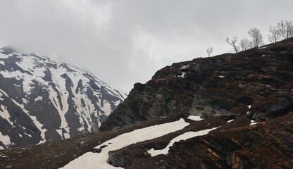 snowcapped himalaya mountains alpine valley at marhi near rohtang la pass in himachal pradesh, in...