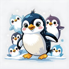 Fototapeta premium Group of Adorable Cartoon Penguins on Snowy Ground with Falling Snowflakes