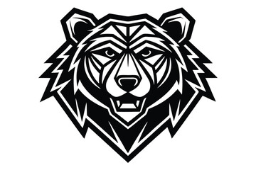 Geometric black and white bear head roars with sharp tribal style markings
