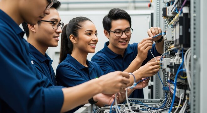 Four technicians are collaborating in a server room, connecting cables to a server rack, demonstrating teamwork and expertise in network infrastructure management