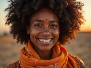 Portrait of a beautiful smiling woman at sunset