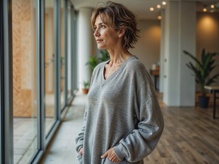 Woman looking out the window in a modern interior