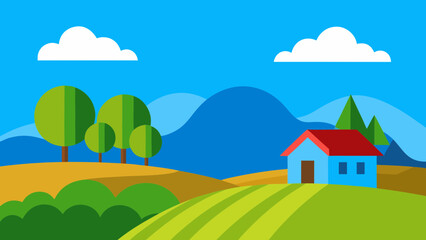 Naklejka premium Stylized flat design landscape with blue house and green trees
