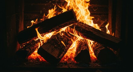 Warm Fireplace with Burning Logs and Bright Flames