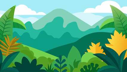 Obraz premium Vibrant tropical jungle landscape with lush green foliage and distant mountains