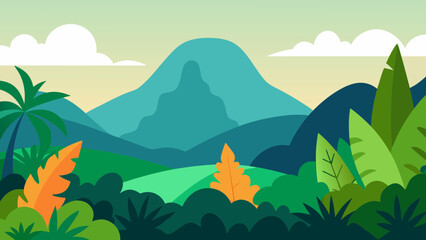 Vibrant tropical landscape with mountains and lush greenery