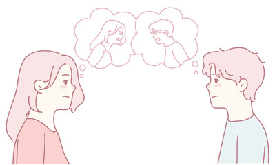 This illustration shows the emotional bond between two individuals, enhanced by expressive thought bubbles