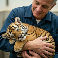 Man Gently Holding a Baby Tiger in His Arms