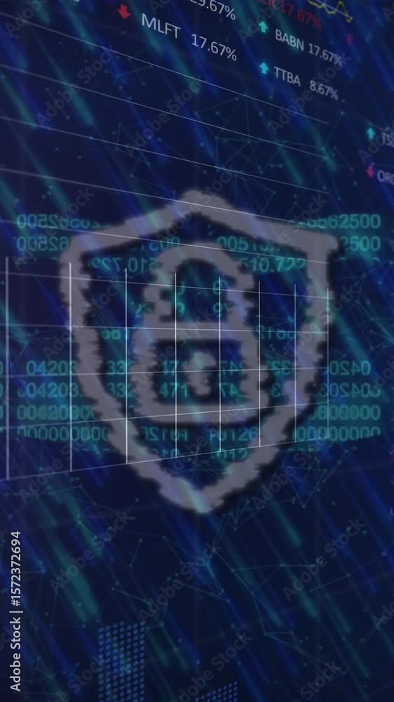 Poster light trails over security padlock and chain icon against data processing on blue background