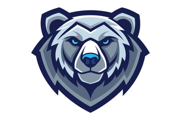 Bold design showcases a fierce grey bear head with piercing blue eyes