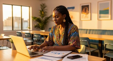 Young african american businesswoman concentrating on work at a stylish desk in a coworking space, using a laptop and surrounded by documents in warm sunset light