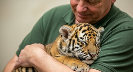 Zookeeper Cradling a Baby Tiger with Affection