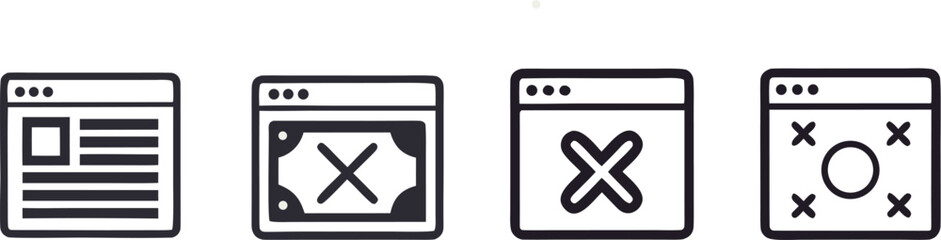 Obraz premium Set of four stylized icons representing web browser windows with different content
