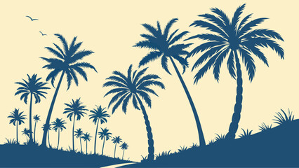 Silhouettes of palm trees and birds against a pale yellow sky