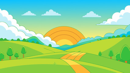 Obraz premium Vibrant cartoon landscape with rolling green hills and a bright sunrise