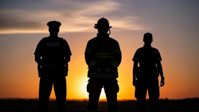 Silhouetted First Responders at Sunset - Three silhouetted figures&mdash;a police officer, firefighter, and paramedic&mdash;stand together against a vibrant sunset backdrop.
