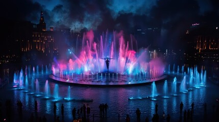 The Dubai Fountain captured mid-performance with water jets illuminated by vibrant lights