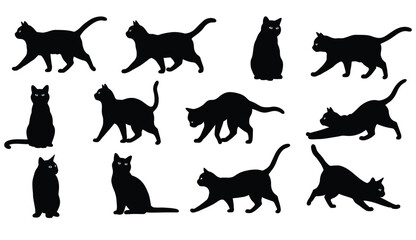 Black Cat Silhouette Set – Sitting and Walking Poses on White Background