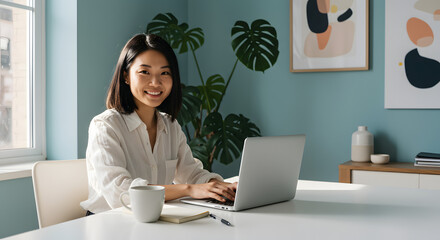 Young woman smiling while working on laptop in bright home office with plants, coffee cup, and notebook. Natural light, minimalist decor