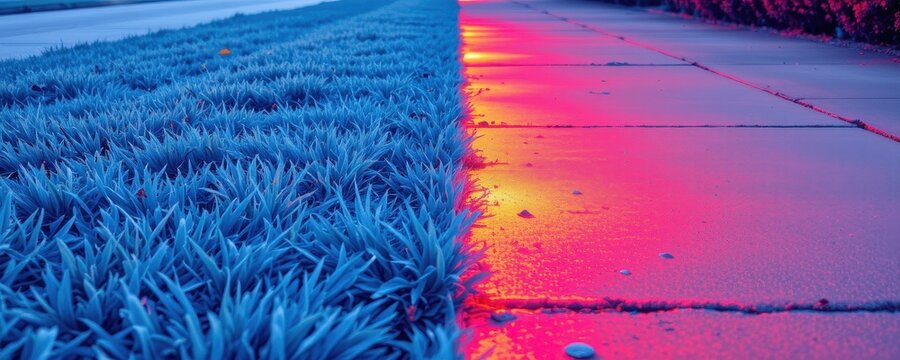 infrared visualization of grassy surface showing cooler temperatures, side by side with heated concrete, thermal contrast in stylized educational art