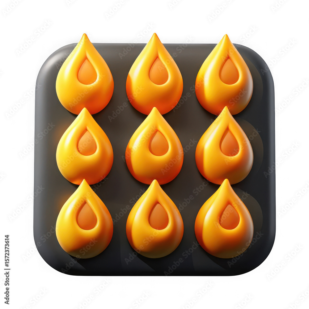 Poster photo of a 3d render shows a pattern of orange water droplets on a dark surface, creating a modern a