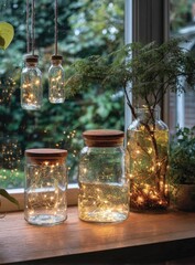 Illuminated glass jars on windowsill,  natural decor