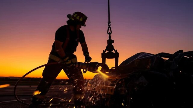 Firefighter Rescuing Person from Wrecked Car at Sunset - Silhouetted against a vibrant sunset, a firefighter uses hydraulic rescue tools to extricate a victim from a severely damaged vehicle.